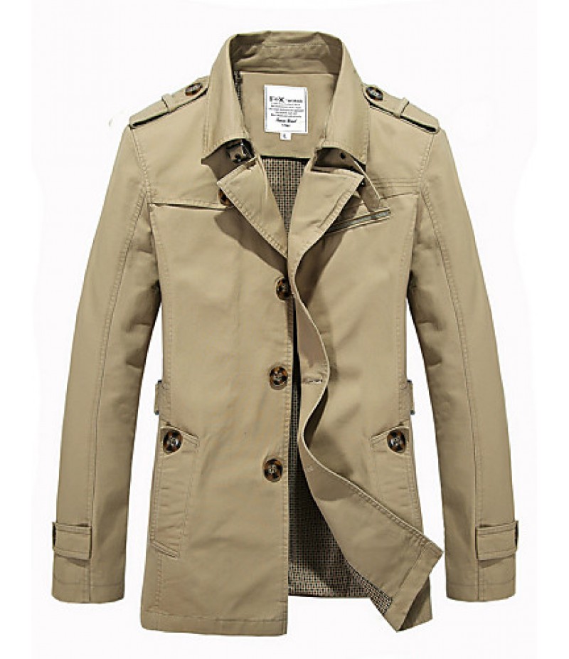 Men's Solid Casual / Work / Formal Trench coat,Cotton Long Sleeve-Black / Green / Yellow / Beige / Tan