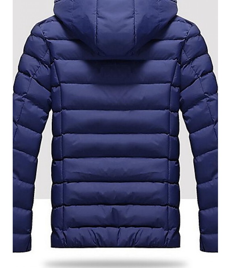 Men's Regular Padded Coat,Simple Casual/Daily Solid-Cotton / Polyester Polypropylene Long Sleeve Hooded Blue / Red / Black / Green