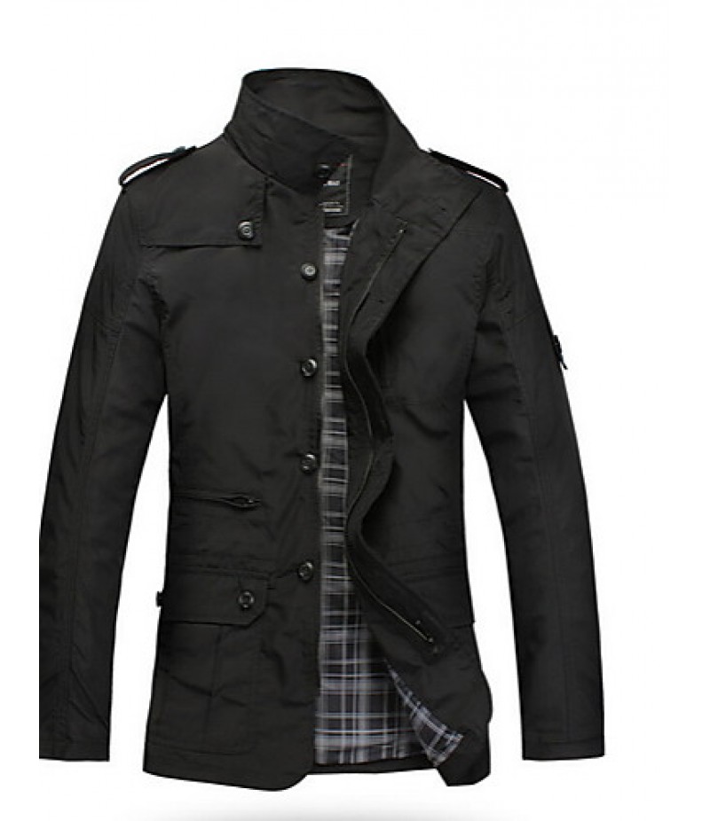 Men's Long Sleeve Regular Trench Coat , Polyester Plaids & Checks Winter Jacket