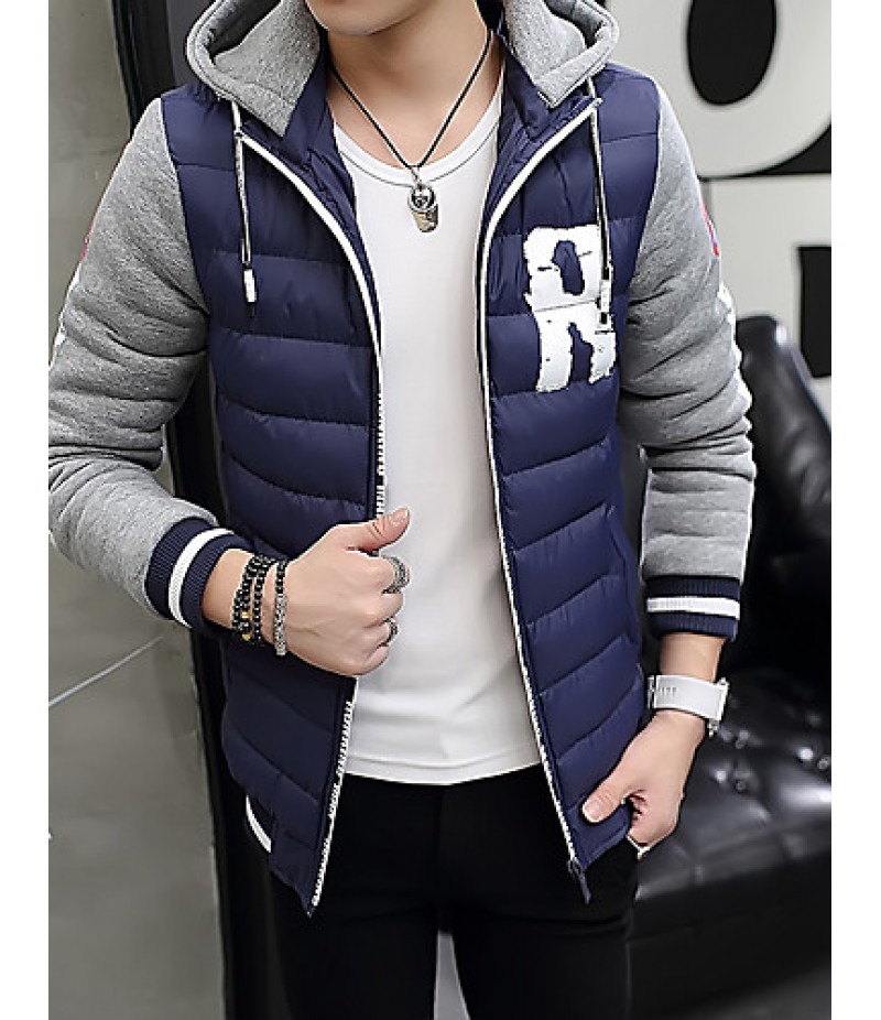 Men's Regular Padded CoatPlus Size / Sports Solid / Color Block / Letter-Cotton / Polyester Polypropylene Long Sleeve Slim Warm Thick