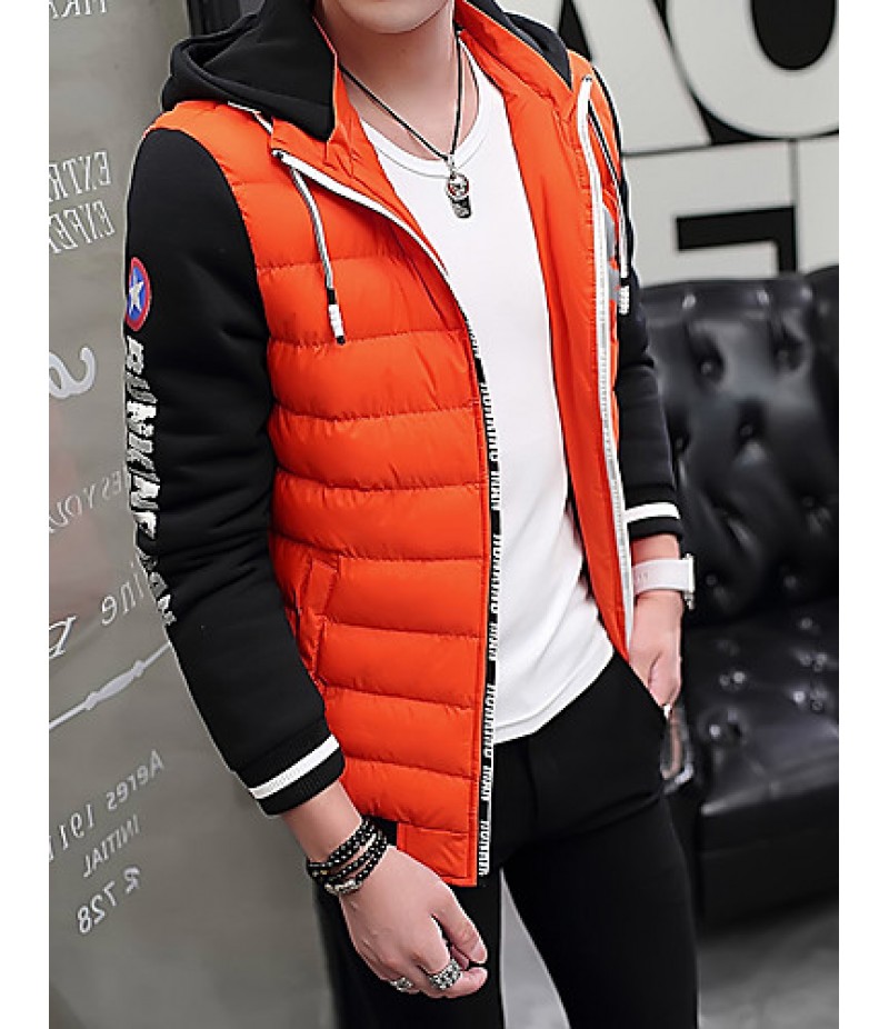 Men's Regular Padded CoatPlus Size / Sports Solid / Color Block / Letter-Cotton / Polyester Polypropylene Long Sleeve Slim Warm Thick