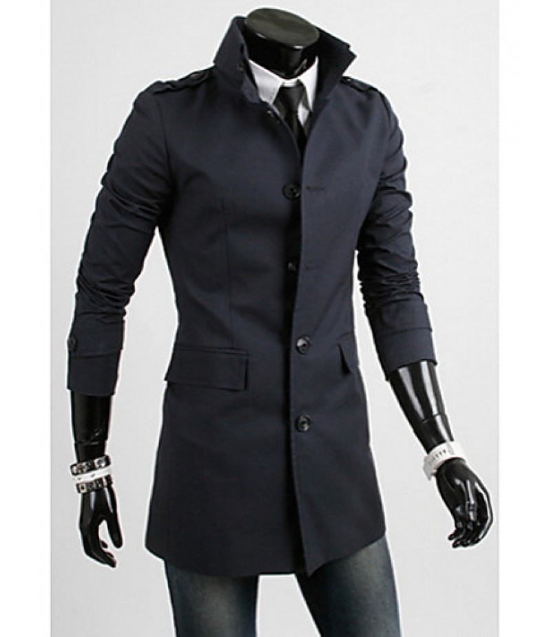 Men's Solid Casual / Work / Sport Trench coat,Cotton Long Sleeve-Black / Blue / Beige / Tan