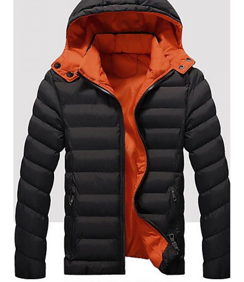 Men's Regular Padded Coat,Simple Casual/Daily Solid-Cotton / Polyester Polypropylene Long Sleeve Hooded Blue / Red / Black / Green