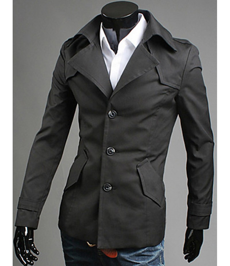 Men's Solid Casual / Work Coat,Cotton Long Sleeve-Black / Brown / Gray