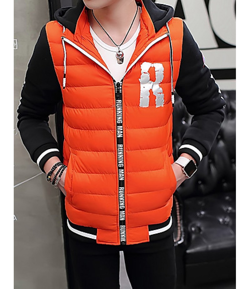 Men's Regular Padded CoatPlus Size / Sports Solid / Color Block / Letter-Cotton / Polyester Polypropylene Long Sleeve Slim Warm Thick