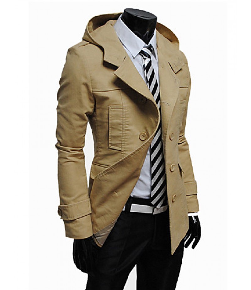 Men's Solid Casual Trench coat,Cotton Blend Long Sleeve-Black / Brown / Yellow / Tan