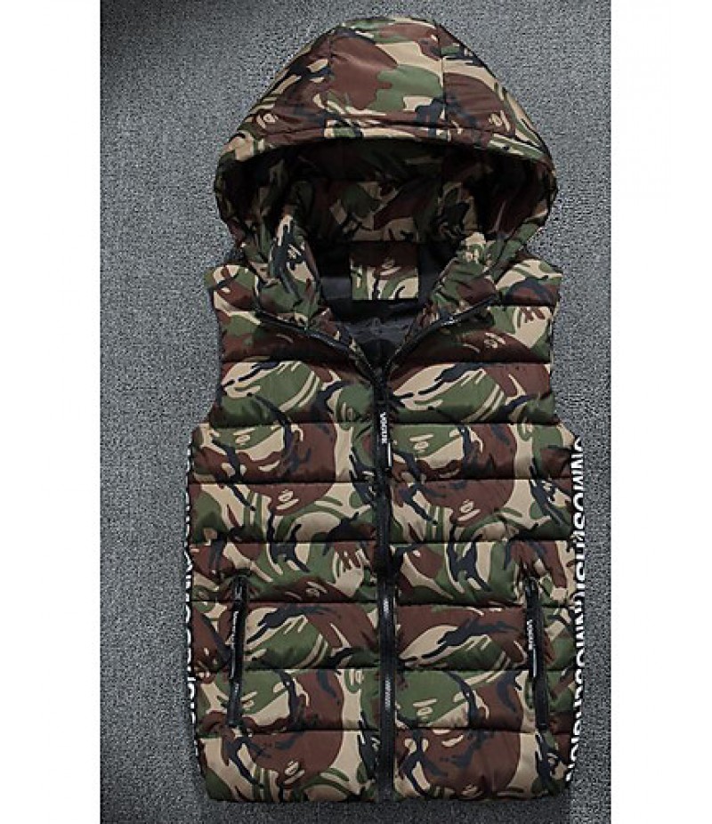 Men's Regular Padded Coat,Simple Casual/Daily Camouflage-Polyester Cotton Sleeveless Hooded Red / Gray / Green