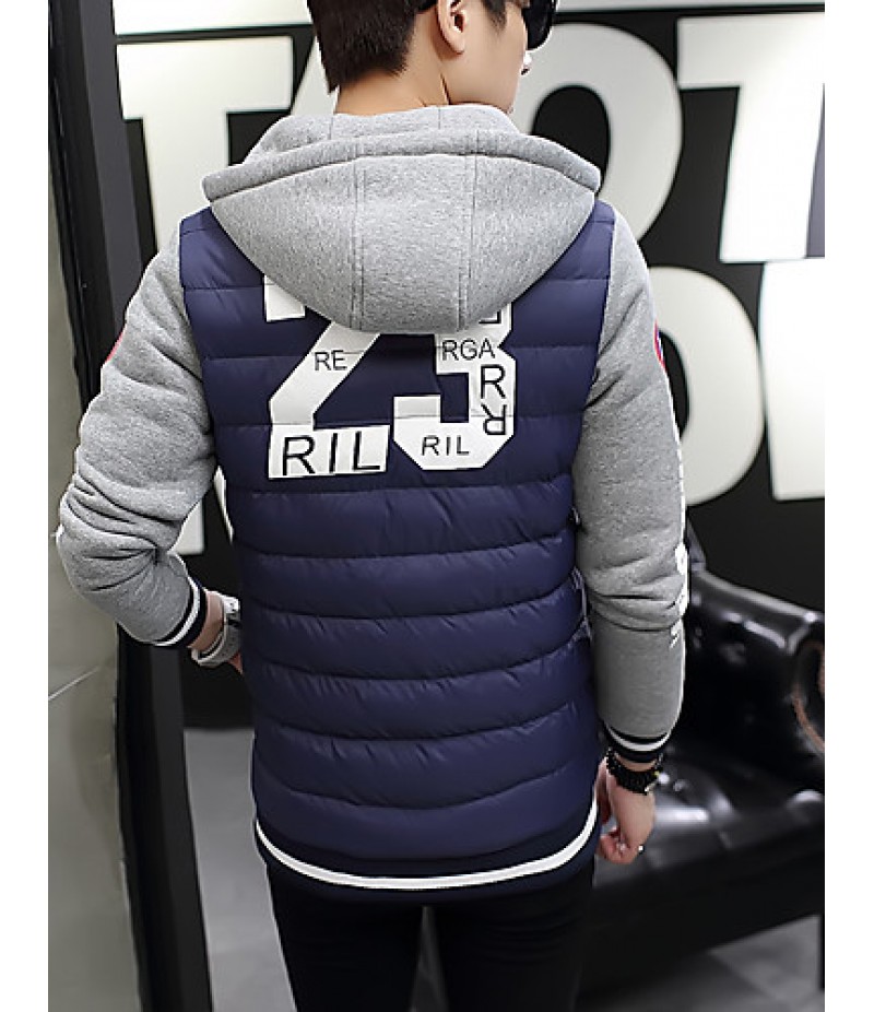 Men's Regular Padded CoatPlus Size / Sports Solid / Color Block / Letter-Cotton / Polyester Polypropylene Long Sleeve Slim Warm Thick